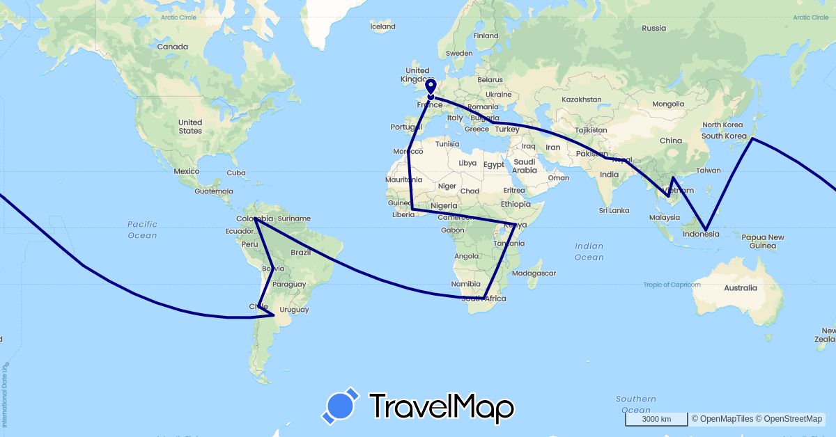 TravelMap itinerary: driving in Argentina, Bolivia, Côte d'Ivoire, Chile, Colombia, France, Indonesia, India, Japan, Kenya, Cambodia, Morocco, Nepal, Turkey, Vietnam, South Africa (Africa, Asia, Europe, South America)